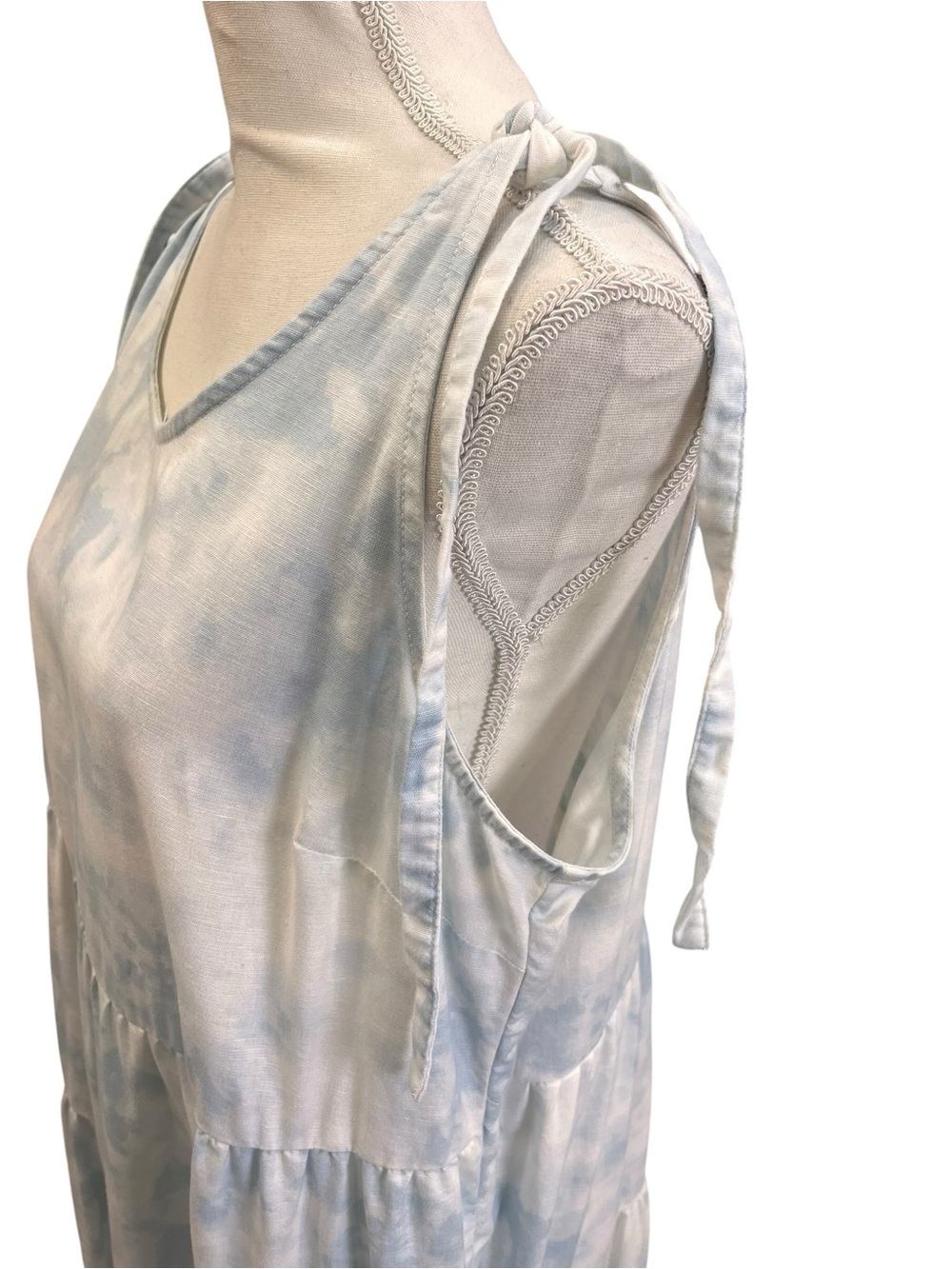 Beach Lunch Lounge Blue Tie Dye Linen Blend Tiered Midi Dress XL Adjustable - Picture 8 of 11